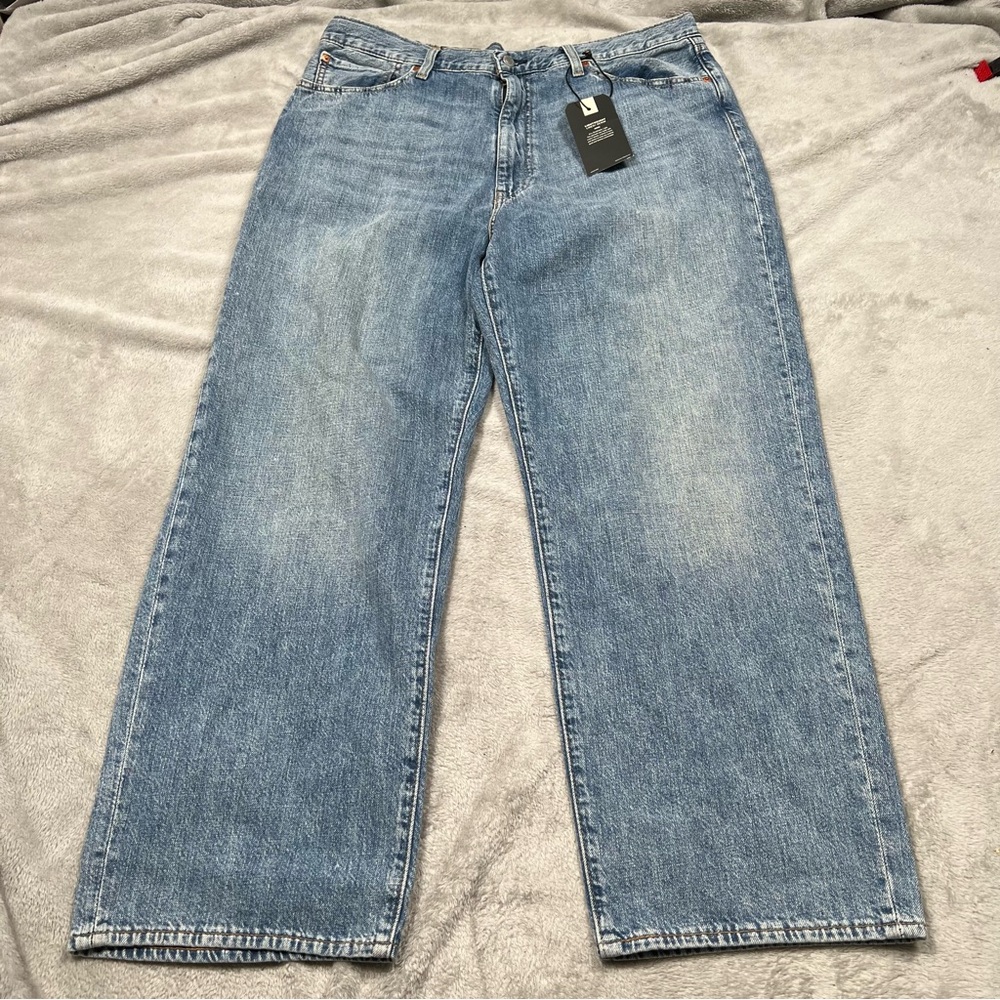 NWT Levi's Premium 568 Loose Straight Jeans Mens 38x29 Linen Blend Blue Denim